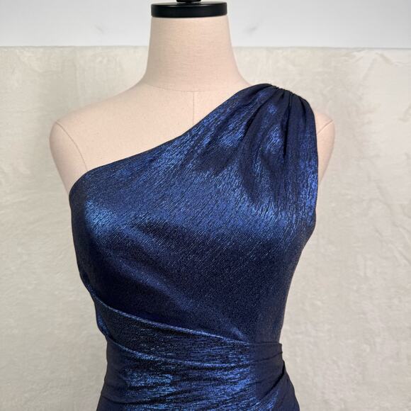 Theia One Shoulder Ruched Gown Sail Blue Silk Metallic Formal Wedding Size 2 - Picture 6 of 14